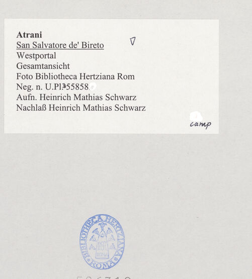 Rückseite von Bibliotheca Hertziana [https://www.deutsche-digitale-bibliothek.de/content/lizenzen/rv-fz/] San Salvatore de' Bireto - Fassade, Portal, bh526319_recto. Foto: Schwarz, Heinrich Mathias.