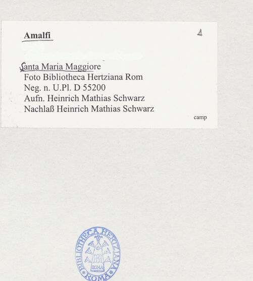 Rückseite von Bibliotheca Hertziana [https://www.deutsche-digitale-bibliothek.de/content/lizenzen/rv-fz/] Santa Maria Maggiore - Campanile und Fassade (Teilansicht), bh526320_recto. Foto: Schwarz, Heinrich Mathias.