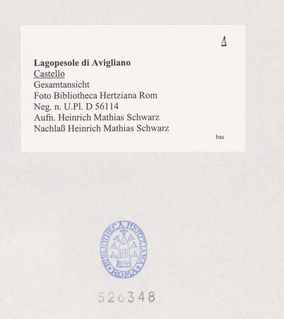 Rückseite von Bibliotheca Hertziana [https://www.deutsche-digitale-bibliothek.de/content/lizenzen/rv-fz/] Castello di LagopesoleAußenwände und Türme - Ansicht von Südwesten, bh526348_recto. Foto: Schwarz, Heinrich Mathias.