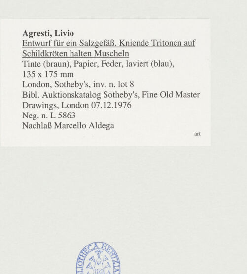 Rückseite von unbekannt [https://www.deutsche-digitale-bibliothek.de/content/lizenzen/rv-ez/] Entwurf für ein Salzgefäß. Kniende Tritonen auf Schildkröten halten Muscheln - , bh527997_recto. Foto.