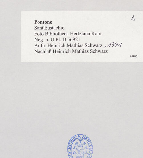 Rückseite von Bibliotheca Hertziana [https://www.deutsche-digitale-bibliothek.de/content/lizenzen/rv-fz/] Sant'Eustachio - Turm?, bh528580_recto. Foto: Schwarz, Heinrich Mathias.