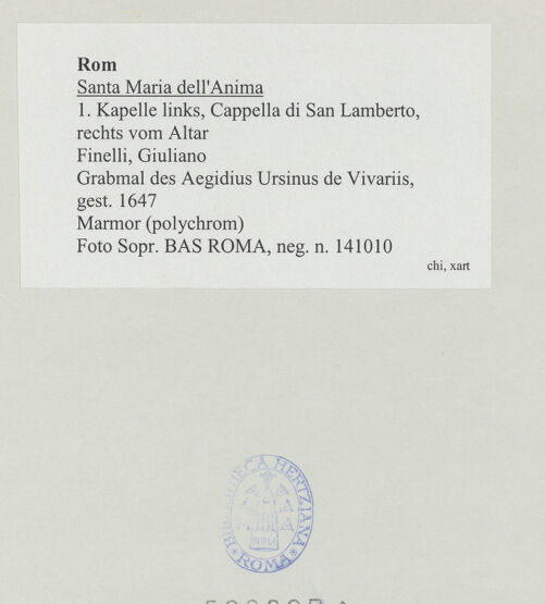Rückseite von Sopr. BAS ROMA [https://www.deutsche-digitale-bibliothek.de/content/lizenzen/rv-ez/] Grabmal des Aegidius Ursinus de Vivariis, gest. 1647 - , bh529207_recto. Foto.