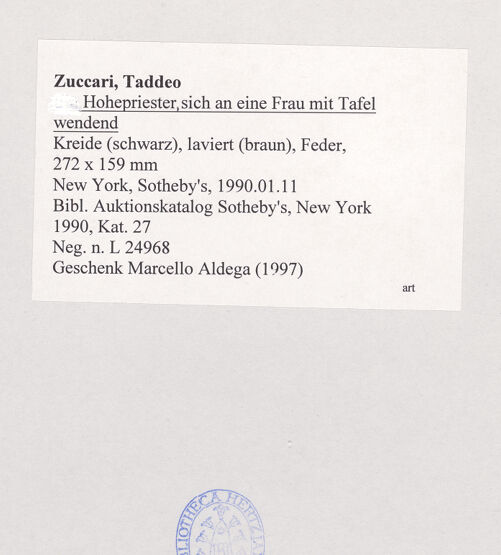 Rückseite von Sotheby's [https://www.deutsche-digitale-bibliothek.de/content/lizenzen/rv-ez/] Hohepriester, sich an eine Frau mit Tafel wendend - , bh529577_recto. Foto.