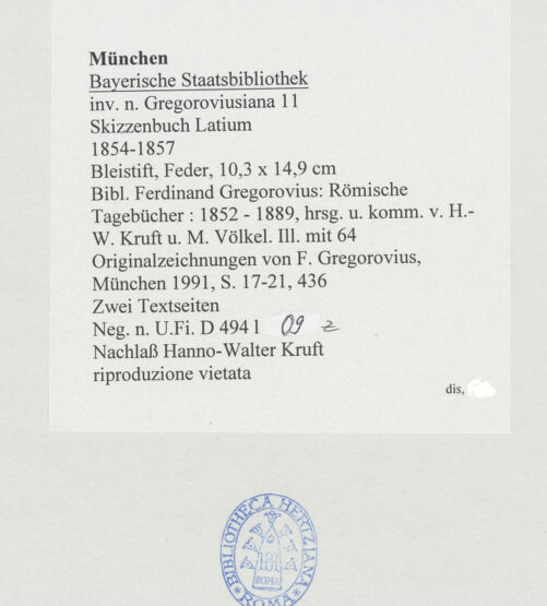 Rückseite von Bibliotheca Hertziana [https://www.deutsche-digitale-bibliothek.de/content/lizenzen/rv-ez/] Skizzenbuch LatiumZwei Textseiten - , bh530116_recto. Foto.