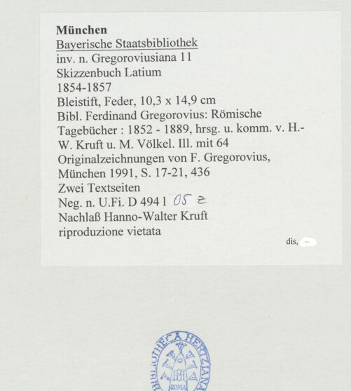 Rückseite von Bibliotheca Hertziana [https://www.deutsche-digitale-bibliothek.de/content/lizenzen/rv-ez/] Skizzenbuch LatiumZwei Textseiten - , bh530118_recto. Foto.