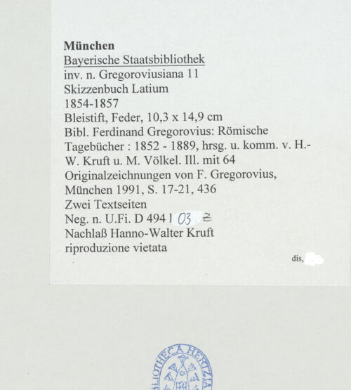 Rückseite von Bibliotheca Hertziana [https://www.deutsche-digitale-bibliothek.de/content/lizenzen/rv-ez/] Skizzenbuch LatiumZwei Textseiten - , bh530119_recto. Foto.