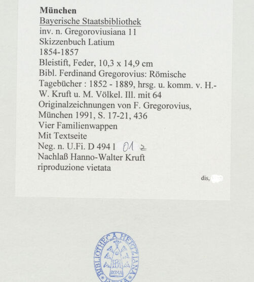 Rückseite von Bibliotheca Hertziana [https://www.deutsche-digitale-bibliothek.de/content/lizenzen/rv-ez/] Skizzenbuch LatiumVier Familienwappen; Textseite - oben, mit Textseite, bh530120_recto. Foto.
