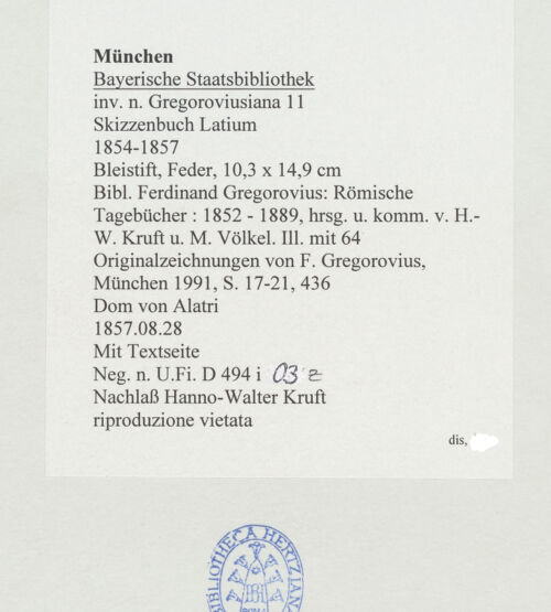 Rückseite von Bibliotheca Hertziana [https://www.deutsche-digitale-bibliothek.de/content/lizenzen/rv-ez/] Skizzenbuch LatiumTextseite; Dom von Alatri - , bh530123_recto. Foto.