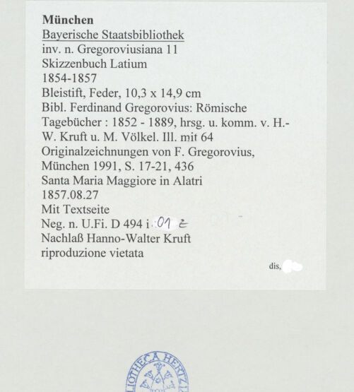 Rückseite von Bibliotheca Hertziana [https://www.deutsche-digitale-bibliothek.de/content/lizenzen/rv-ez/] Skizzenbuch LatiumTextseite; Alatri, Santa Maria Maggiore - , bh530124_recto. Foto.