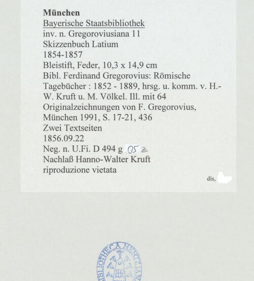 Rückseite von Bibliotheca Hertziana [https://www.deutsche-digitale-bibliothek.de/content/lizenzen/rv-ez/] Skizzenbuch LatiumZwei Textseiten und Enturf eines Wandgrabes - , bh530126_recto. Foto.