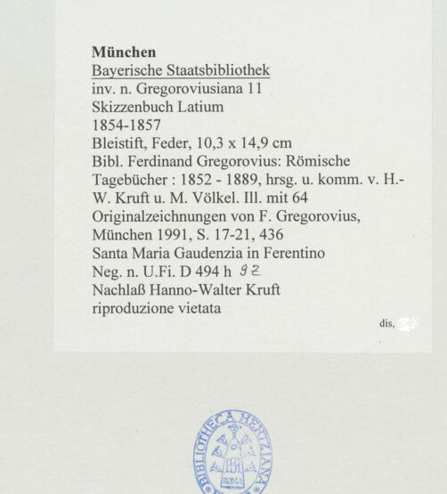 Rückseite von Bibliotheca Hertziana [https://www.deutsche-digitale-bibliothek.de/content/lizenzen/rv-ez/] Skizzenbuch LatiumFerentino, Santa Maria Gaudenzia (Santa Maria dei Cavalieri Gaudenti) - , bh530128_recto. Foto.