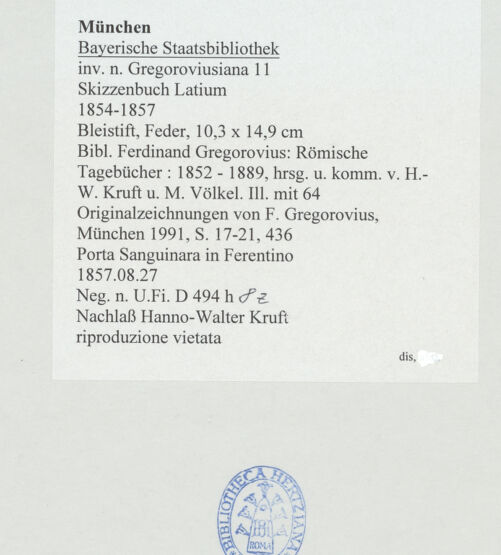 Rückseite von Bibliotheca Hertziana [https://www.deutsche-digitale-bibliothek.de/content/lizenzen/rv-ez/] Skizzenbuch LatiumPorta Sanguinaria in Ferentino - , bh530129_recto. Foto.
