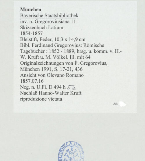 Rückseite von Bibliotheca Hertziana [https://www.deutsche-digitale-bibliothek.de/content/lizenzen/rv-ez/] Skizzenbuch LatiumOlevano Romano - , bh530130_recto. Foto.