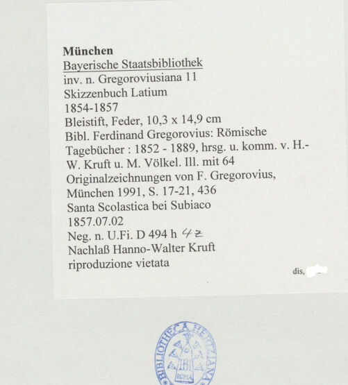 Rückseite von Bibliotheca Hertziana [https://www.deutsche-digitale-bibliothek.de/content/lizenzen/rv-ez/] Skizzenbuch LatiumSanta Scolastica bei Subiaco - , bh530131_recto. Foto.