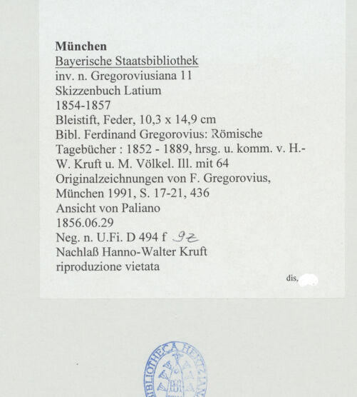 Rückseite von Bibliotheca Hertziana [https://www.deutsche-digitale-bibliothek.de/content/lizenzen/rv-ez/] Skizzenbuch LatiumAnsicht von Paliano - , bh530140_recto. Foto.
