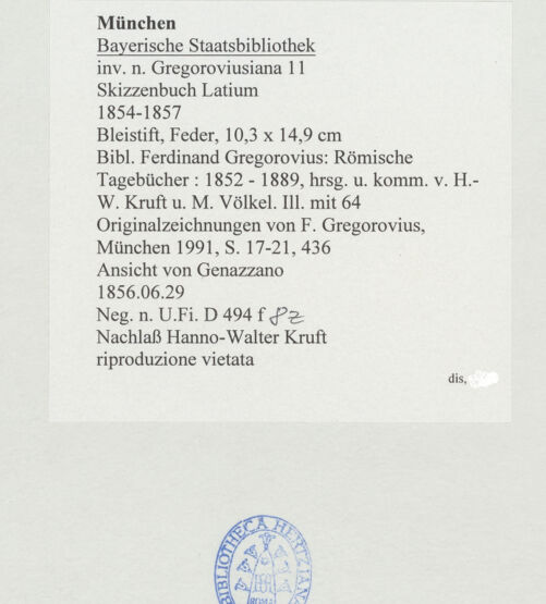 Rückseite von Bibliotheca Hertziana [https://www.deutsche-digitale-bibliothek.de/content/lizenzen/rv-ez/] Skizzenbuch LatiumAnsicht von Genazzano - , bh530141_recto. Foto.