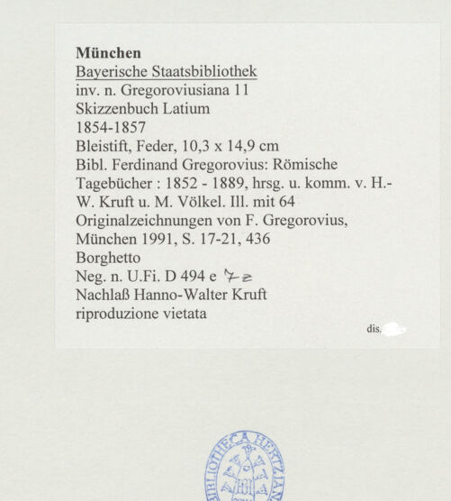 Rückseite von Bibliotheca Hertziana [https://www.deutsche-digitale-bibliothek.de/content/lizenzen/rv-ez/] Skizzenbuch LatiumBorghetto (Castello Andosilla) bei Civita Castellana - , bh530145_recto. Foto.