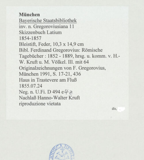 Rückseite von Bibliotheca Hertziana [https://www.deutsche-digitale-bibliothek.de/content/lizenzen/rv-ez/] Skizzenbuch LatiumHaus in Trastevere am Fluss - , bh530146_recto. Foto.