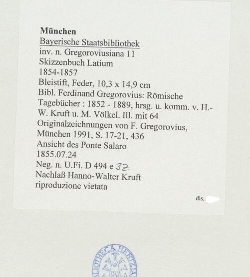 Rückseite von Bibliotheca Hertziana [https://www.deutsche-digitale-bibliothek.de/content/lizenzen/rv-ez/] Skizzenbuch LatiumAnsicht des Ponte Salaro (Salario) - , bh530147_recto. Foto.
