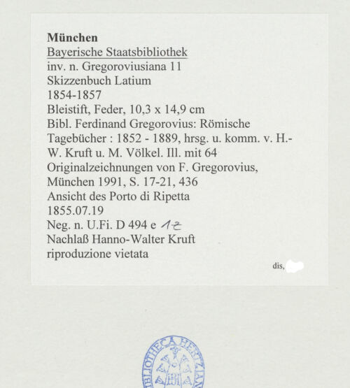 Rückseite von Bibliotheca Hertziana [https://www.deutsche-digitale-bibliothek.de/content/lizenzen/rv-ez/] Skizzenbuch LatiumAnsicht des Porto di Ripetta - , bh530148_recto. Foto.