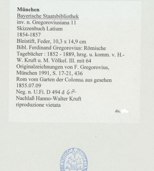 Rückseite von Bibliotheca Hertziana [https://www.deutsche-digitale-bibliothek.de/content/lizenzen/rv-ez/] Skizzenbuch LatiumRom vom Garten der Colonna aus gesehen (Palazzo Senatorio und Kuppel der Santissimo Nome di Maria) - , bh530152_recto. Foto.