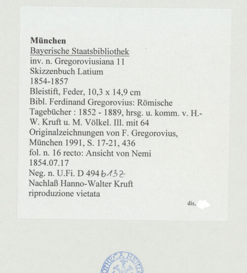 Rückseite von Bibliotheca Hertziana [https://www.deutsche-digitale-bibliothek.de/content/lizenzen/rv-ez/] Skizzenbuch LatiumAnsicht von Nemi - , bh530171_recto. Foto.