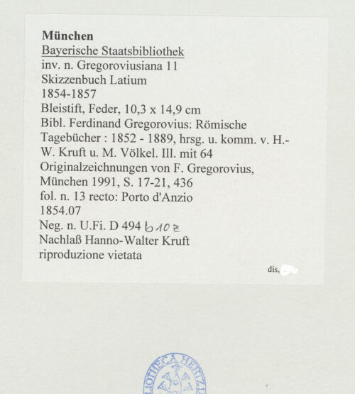 Rückseite von Bibliotheca Hertziana [https://www.deutsche-digitale-bibliothek.de/content/lizenzen/rv-ez/] Skizzenbuch LatiumPorto d'Anzio - , bh530174_recto. Foto.