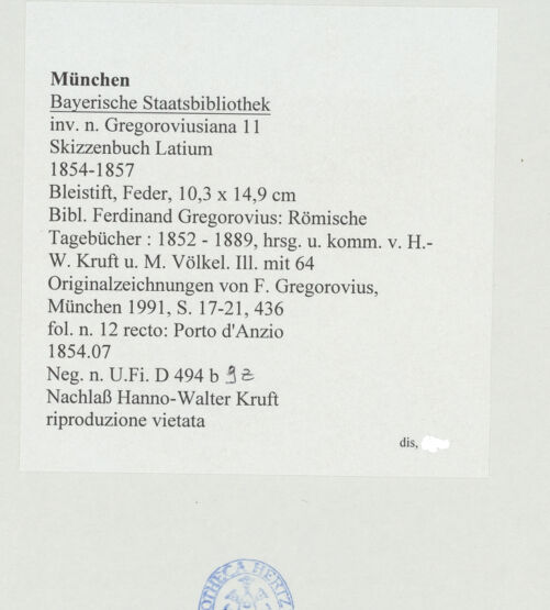 Rückseite von Bibliotheca Hertziana [https://www.deutsche-digitale-bibliothek.de/content/lizenzen/rv-ez/] Skizzenbuch LatiumPorto d'Anzio - , bh530175_recto. Foto.