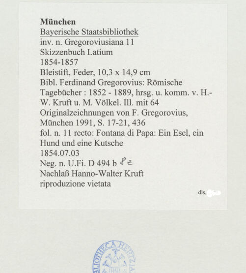 Rückseite von Bibliotheca Hertziana [https://www.deutsche-digitale-bibliothek.de/content/lizenzen/rv-ez/] Skizzenbuch LatiumFontana di Papa: Ein Esel, ein Hund und eine Kutsche; Wappen des Innozenz XI - , bh530176_recto. Foto.