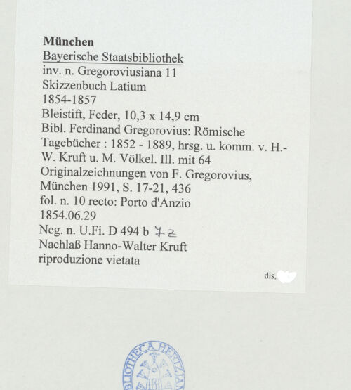 Rückseite von Bibliotheca Hertziana [https://www.deutsche-digitale-bibliothek.de/content/lizenzen/rv-ez/] Skizzenbuch LatiumPorto d'Anzio - , bh530177_recto. Foto.