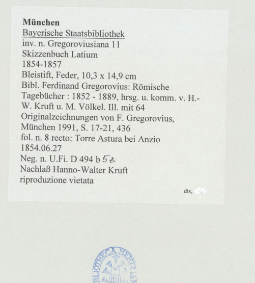 Rückseite von Bibliotheca Hertziana [https://www.deutsche-digitale-bibliothek.de/content/lizenzen/rv-ez/] Skizzenbuch LatiumTorre Astura bei Anzio und Nettuno - , bh530179_recto. Foto.