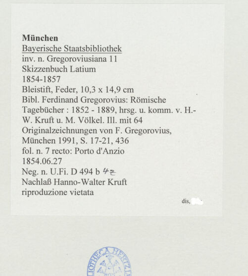 Rückseite von Bibliotheca Hertziana [https://www.deutsche-digitale-bibliothek.de/content/lizenzen/rv-ez/] Skizzenbuch LatiumPorto d'Anzio - , bh530180_recto. Foto.