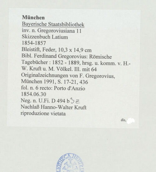 Rückseite von Bibliotheca Hertziana [https://www.deutsche-digitale-bibliothek.de/content/lizenzen/rv-ez/] Skizzenbuch LatiumPorto d'Anzio - , bh530181_recto. Foto.