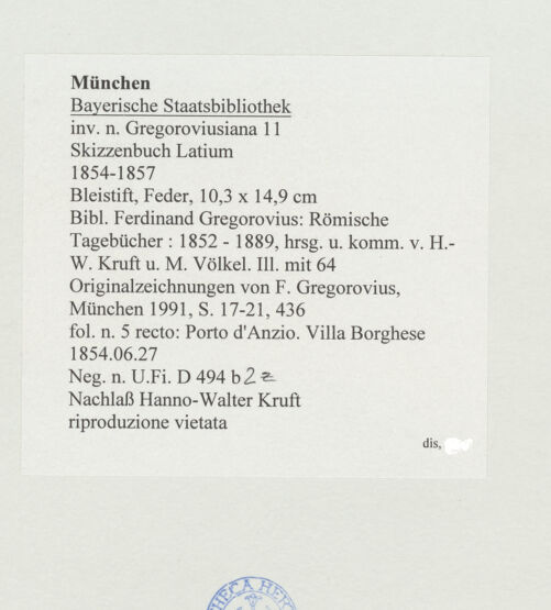 Rückseite von Bibliotheca Hertziana [https://www.deutsche-digitale-bibliothek.de/content/lizenzen/rv-ez/] Skizzenbuch LatiumPorto d'Anzio (Nettuno), Villa Borghese - , bh530182_recto. Foto.