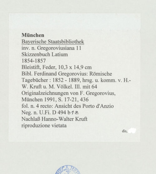 Rückseite von Bibliotheca Hertziana [https://www.deutsche-digitale-bibliothek.de/content/lizenzen/rv-ez/] Skizzenbuch LatiumAnsicht des Porto d'Anzio (bei der Villa Imperiale?) - , bh530183_recto. Foto.