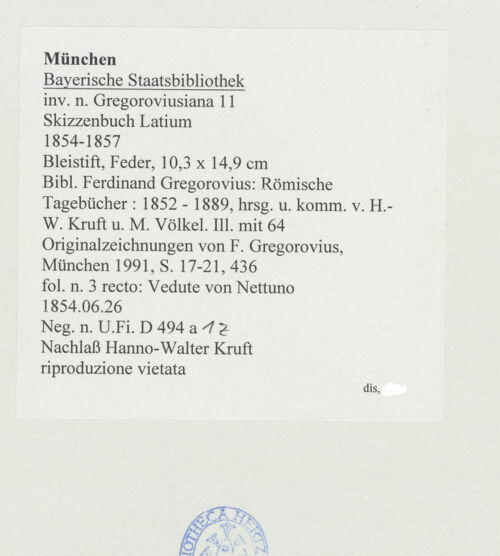 Rückseite von Bibliotheca Hertziana [https://www.deutsche-digitale-bibliothek.de/content/lizenzen/rv-ez/] Skizzenbuch LatiumVedute von Nettuno - , bh530184_recto. Foto.