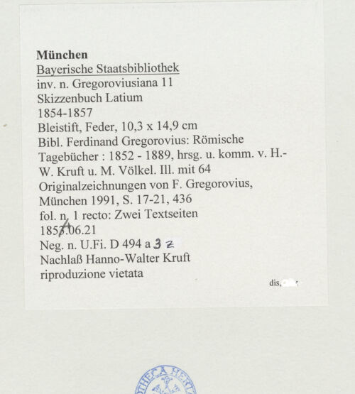 Rückseite von Bibliotheca Hertziana [https://www.deutsche-digitale-bibliothek.de/content/lizenzen/rv-ez/] Skizzenbuch LatiumZwei Textseiten und Entwurf der Fassade der Dom von Ferentino - , bh530186_recto. Foto.