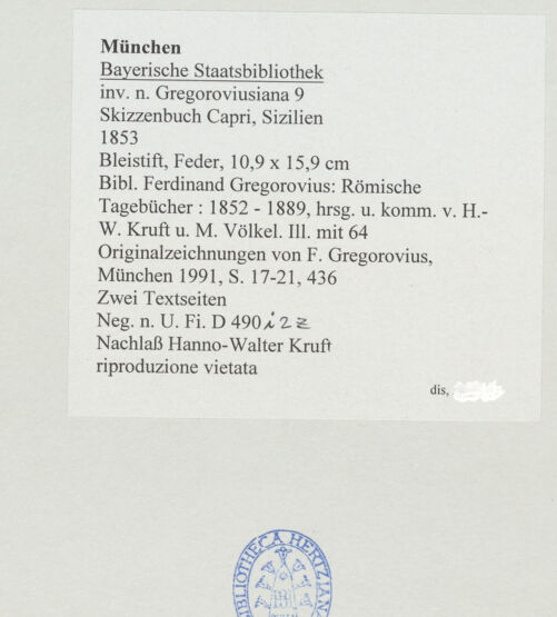 Rückseite von Bibliotheca Hertziana [https://www.deutsche-digitale-bibliothek.de/content/lizenzen/rv-ez/] Skizzenbuch Capri, SizilienZwei Textseiten - , bh530192_recto. Foto.