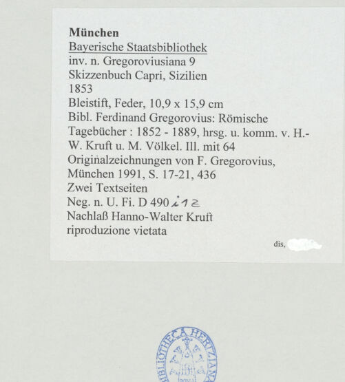 Rückseite von Bibliotheca Hertziana [https://www.deutsche-digitale-bibliothek.de/content/lizenzen/rv-ez/] Skizzenbuch Capri, SizilienZwei Textseiten - , bh530193_recto. Foto.