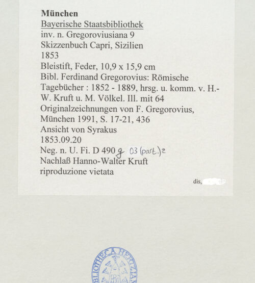 Rückseite von Bibliotheca Hertziana [https://www.deutsche-digitale-bibliothek.de/content/lizenzen/rv-ez/] Skizzenbuch Capri, SizilienAnsicht von Syrakus - rechts, bh530199_recto. Foto.