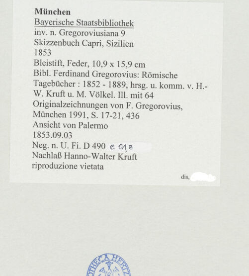 Rückseite von Bibliotheca Hertziana [https://www.deutsche-digitale-bibliothek.de/content/lizenzen/rv-ez/] Skizzenbuch Capri, SizilienAnsicht von Palermo - , bh530215_recto. Foto.