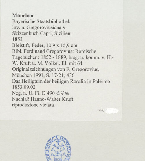 Rückseite von Bibliotheca Hertziana [https://www.deutsche-digitale-bibliothek.de/content/lizenzen/rv-ez/] Skizzenbuch Capri, SizilienPalermo, Das Heiligtum der heiligen Rosalia - , bh530217_recto. Foto.