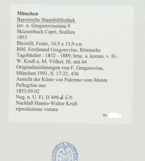 Rückseite von Bibliotheca Hertziana [https://www.deutsche-digitale-bibliothek.de/content/lizenzen/rv-ez/] Skizzenbuch Capri, SizilienAnsicht der Küste von Palermo vom Monte Pellegrino aus - , bh530218_recto. Foto.