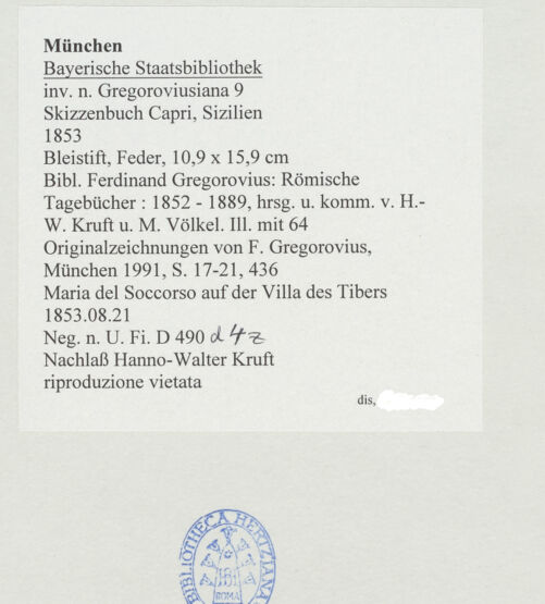 Rückseite von Bibliotheca Hertziana [https://www.deutsche-digitale-bibliothek.de/content/lizenzen/rv-ez/] Skizzenbuch Capri, SizilienCapri, Santa Maria del Soccorso auf der Villa des Tiberius - , bh530219_recto. Foto.