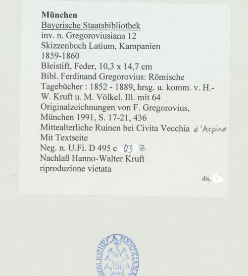 Rückseite von Bibliotheca Hertziana [https://www.deutsche-digitale-bibliothek.de/content/lizenzen/rv-ez/] Skizzenbuch Latium, KampanienMittelalterliche Ruinen bei Civita Vecchia d'Arpino - rechts, mit Textseite, bh530242_recto. Foto.