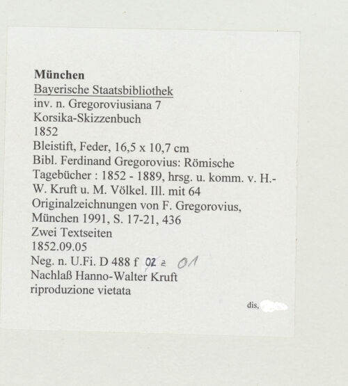 Rückseite von Bibliotheca Hertziana [https://www.deutsche-digitale-bibliothek.de/content/lizenzen/rv-ez/] Korsika-SkizzenbuchZwei Textseiten - , bh530255_recto. Foto.