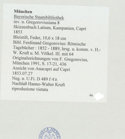 Rückseite von Bibliotheca Hertziana [https://www.deutsche-digitale-bibliothek.de/content/lizenzen/rv-ez/] Skizzenbuch Latium, Kampanien, CapriAnsicht von Anacapri auf Capri - , bh530550_recto. Foto.