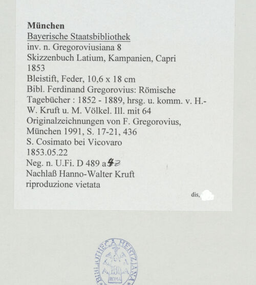 Rückseite von Bibliotheca Hertziana [https://www.deutsche-digitale-bibliothek.de/content/lizenzen/rv-ez/] Skizzenbuch Latium, Kampanien, CapriVicovaro, San Cosimato Kloster (im Hintergrund) und Kapelle - , bh530552_recto. Foto.