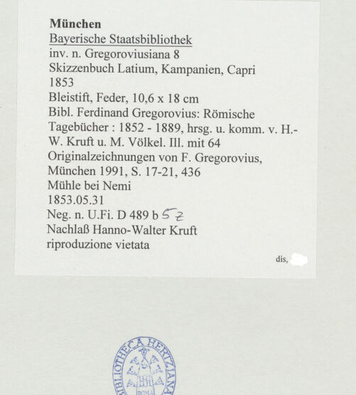 Rückseite von Bibliotheca Hertziana [https://www.deutsche-digitale-bibliothek.de/content/lizenzen/rv-ez/] Skizzenbuch Latium, Kampanien, CapriMühle bei Nemi - , bh530565_recto. Foto.
