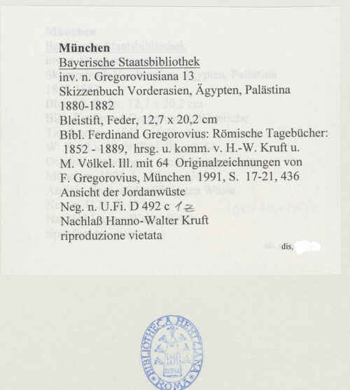 Rückseite von Bibliotheca Hertziana [https://www.deutsche-digitale-bibliothek.de/content/lizenzen/rv-ez/] Skizzenbuch Vorderasien, Ägypten, PalästinaAnsicht der Jordanwüste - , bh530722_recto. Foto.